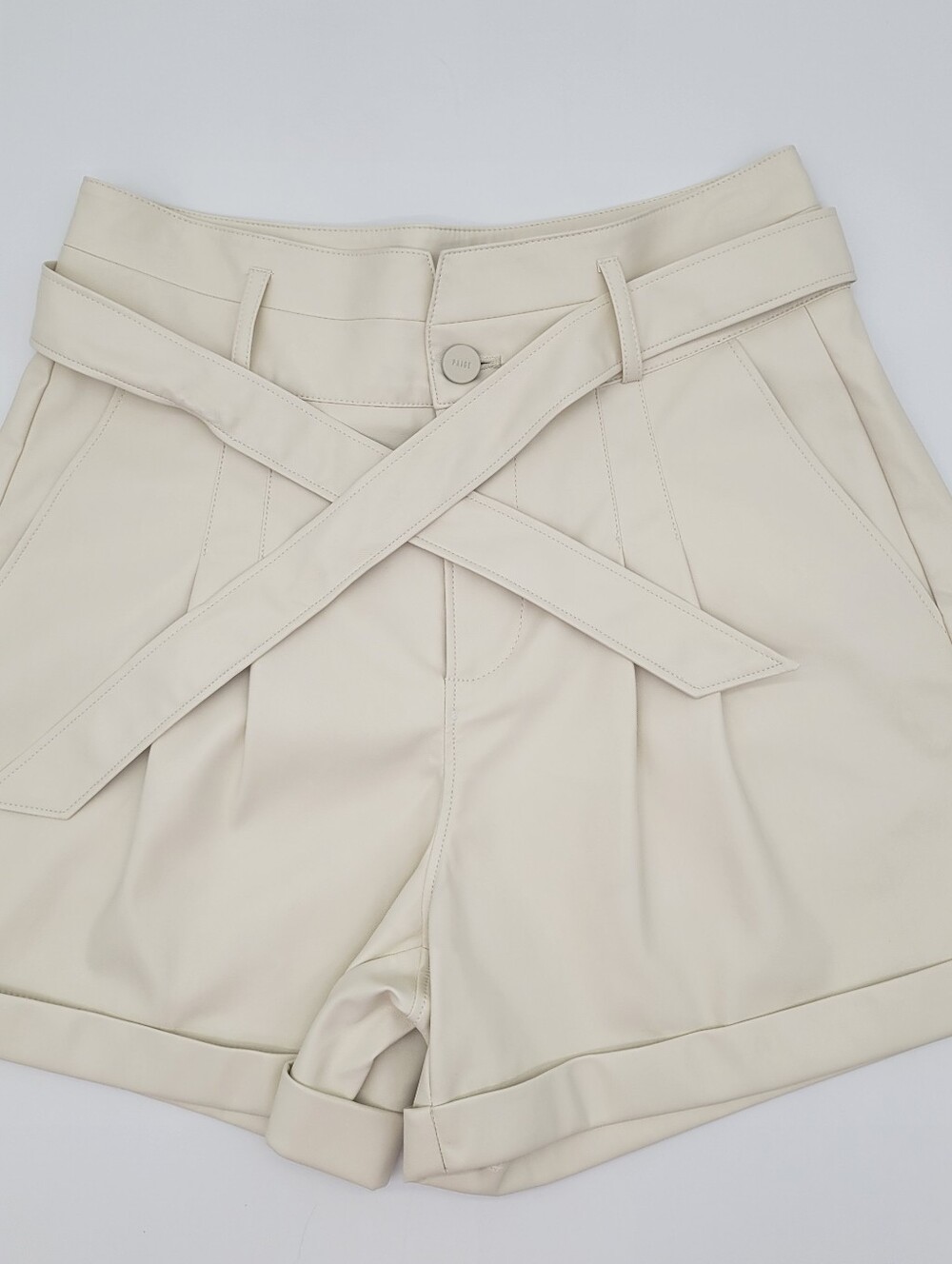 Paige High-Waist Belted "Leather Like" Cream Shorts